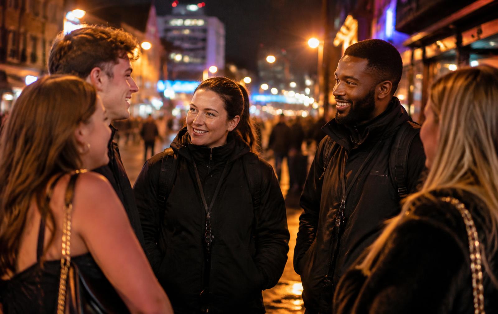 City Pastors volunteers chatting with people on a night out in Birmingham